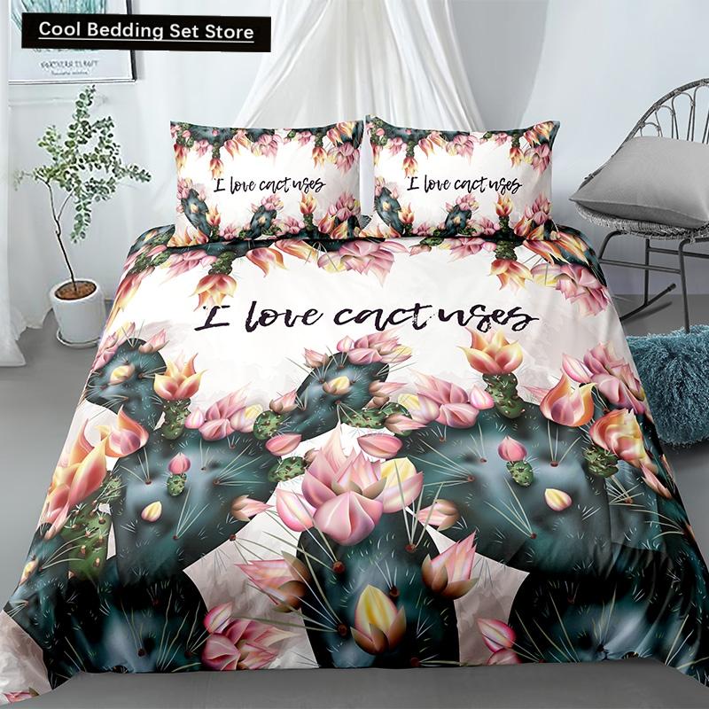 Cactus King Queen Duvet Cover Succulents Bedding Set for Kids Teens Adults Green Botanical Flowers 2/3pcs Polyester Quilt Cover