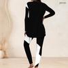 Women Plus Size Two Piece Set Round Neck Long Sleeve Black White Geometric Printed Longline Top Fitted Pants