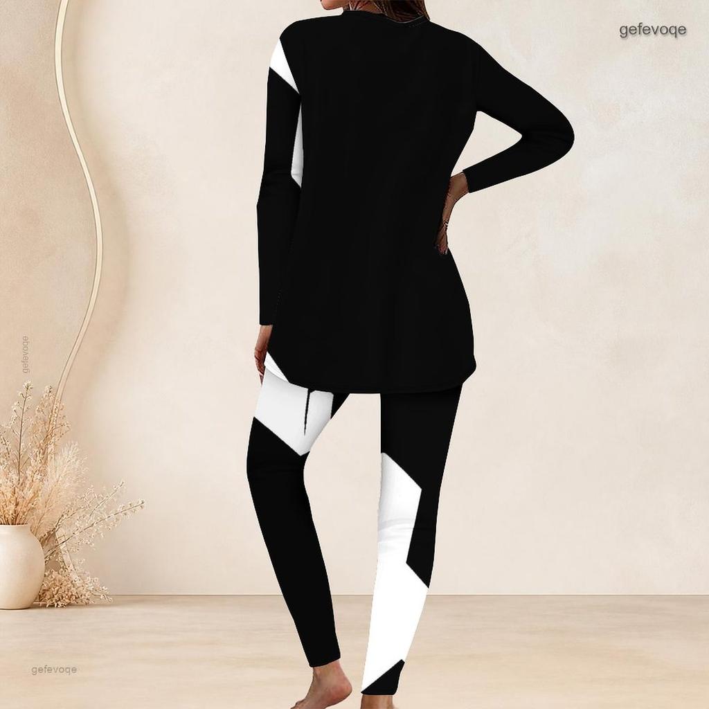 Women Plus Size Two Piece Set Round Neck Long Sleeve Black White Geometric Printed Longline Top Fitted Pants
