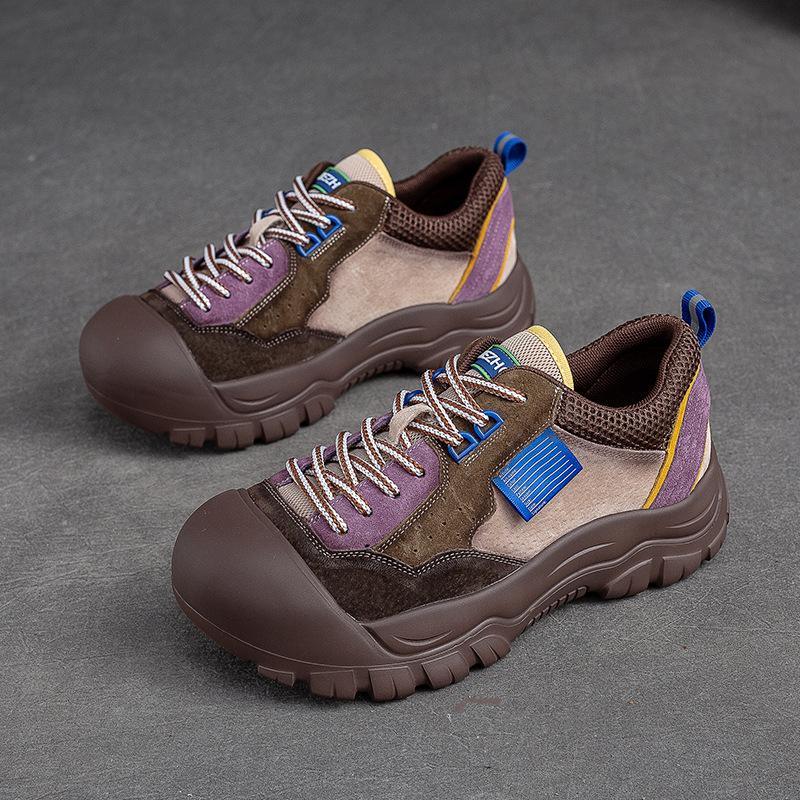 Damen Farblich Abgesetzte Runde Zehenpartie Schnürung Freizeit-Schuhe Retro Sport-Sneaker mit EVA Dicksohle Bequeme Lauf-Flats