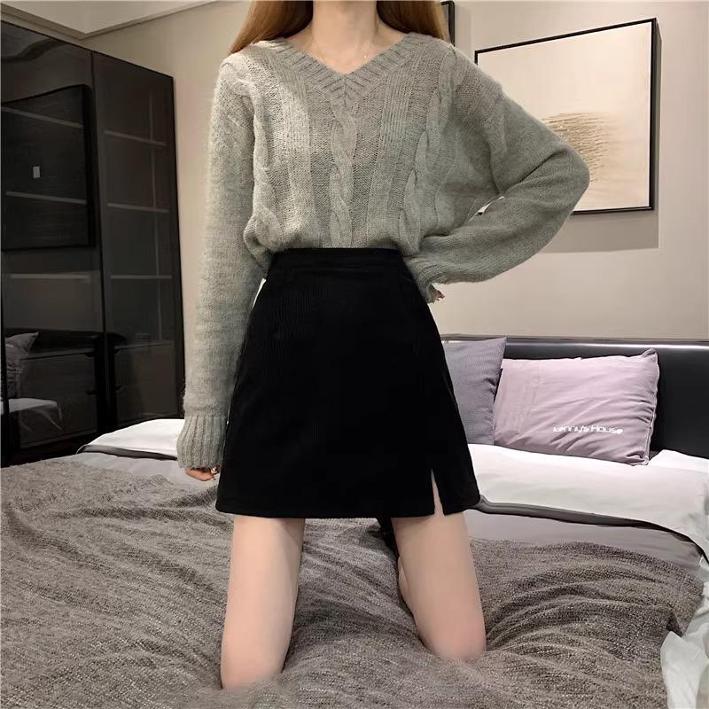 Women's High Waist Corduroy A-line Slit Bodycon Midi Skirt for Autumn/Winter