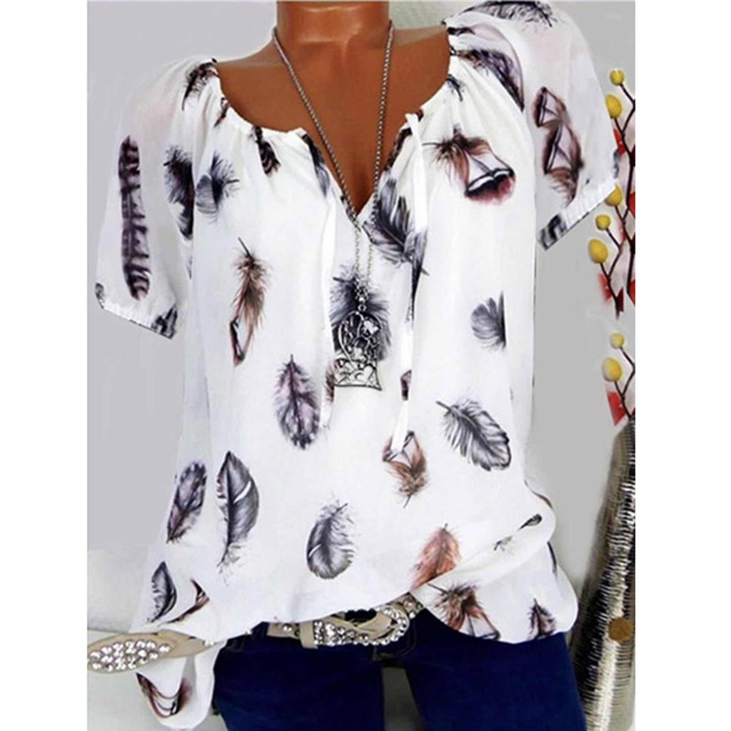 Women Summer Casual Fashion Printed V-neck Short Sleeve Top Blouse T-Shirt