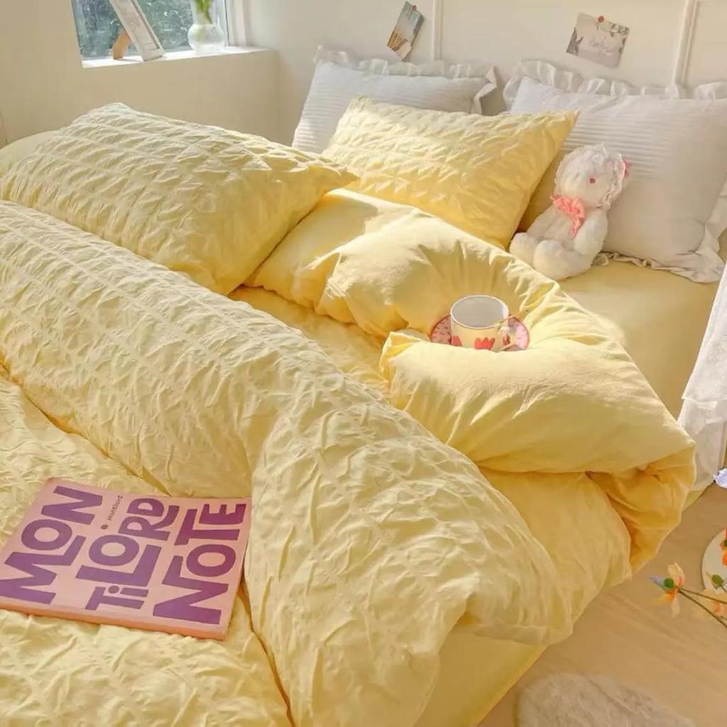 Princess Bedding Set  French Style Wash Cotton Solid Color Seersucker Summer Soft New Bed Sheet Set Comforter Set