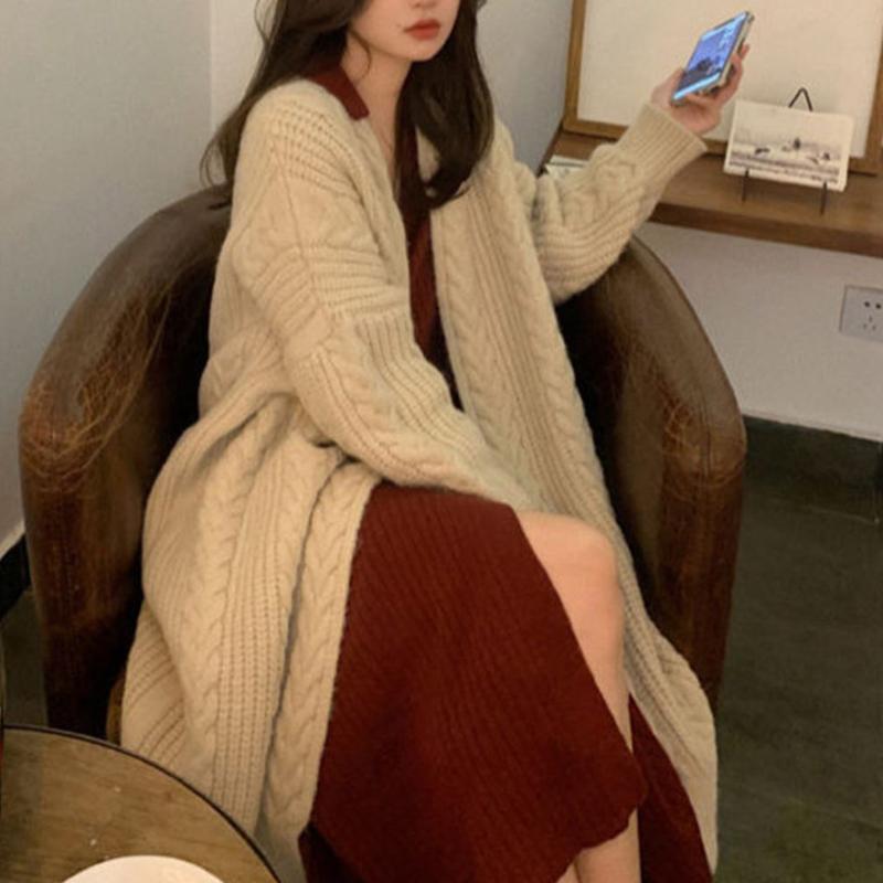 New Korean Style Knitted Cardigan Long Sweater Coat Women Casual Retro Twist V-neck Loose Spring and Autumn Fashion Long Sleeve Sweaters Simple Jacket