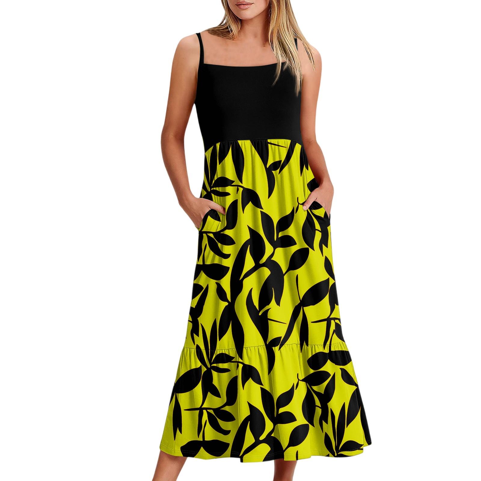 

Женское длинное пляжное повседневное элегантное платье макси на тонких бретельках с цветочным принтом, струящееся платье в стиле бохо XL жёлтый