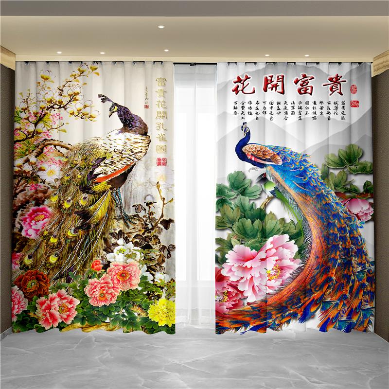 Nowy Chiński Styl Tuszowy Pejzaż Malarstwo Kwiatowe Paw Feniks Zasłona Okno od Podłogi do Sufitu Salon Tkanina Zaciemniająca Zasłona