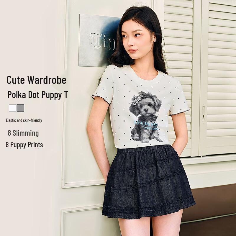 Ledin Polka Dot Puppy Print Slim Fit Short Sleeve T-Shirt XS