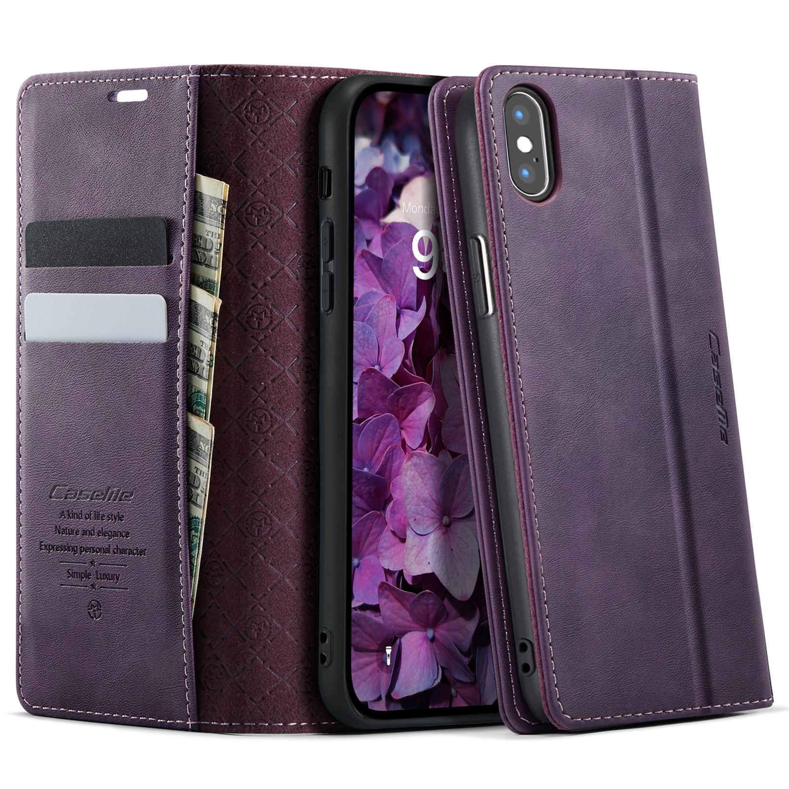 

For iPhone XS 5.8 inch/iPhone X Case CASEME 033 Series RFID Blocking Wallet Stand Calf Texture Leather Phone Cover Purple