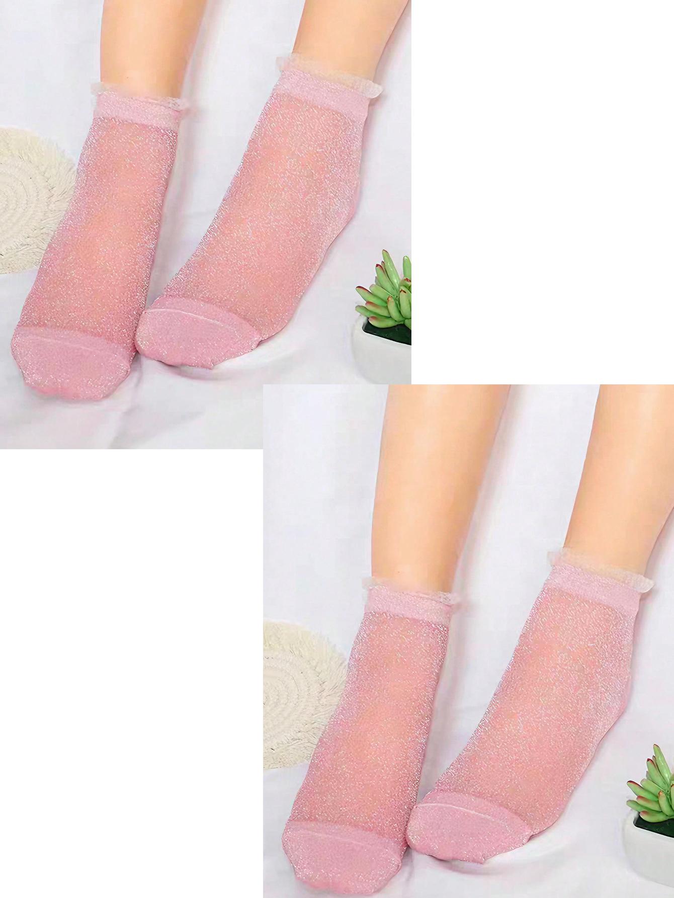 1/2/3 Paar Damen Pink Netz Glitzer Knöchelsocken | Spitze Rüschenbesatz | Kawaii Süß Mädchenhaft | Tägliches Essential Für Den Alltag 35-39 white
