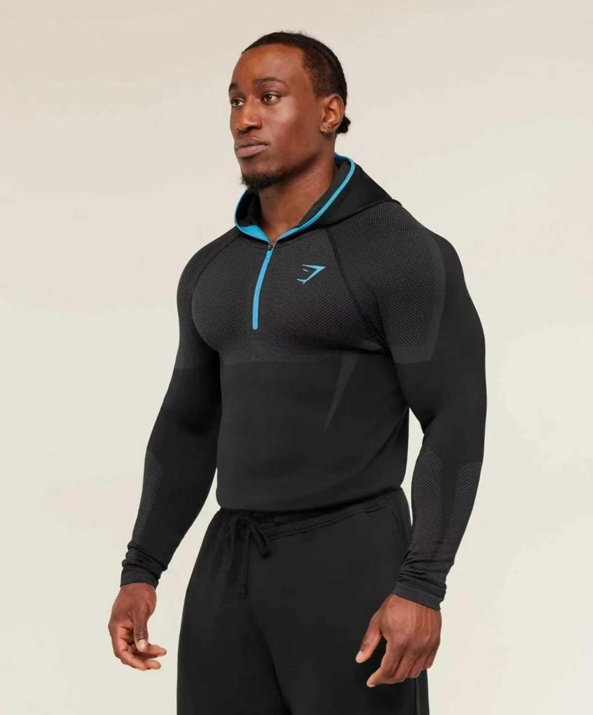 GYMSHARK Men's Onyx High Stretch Long Sleeve Hooded Fitness T-shirt
