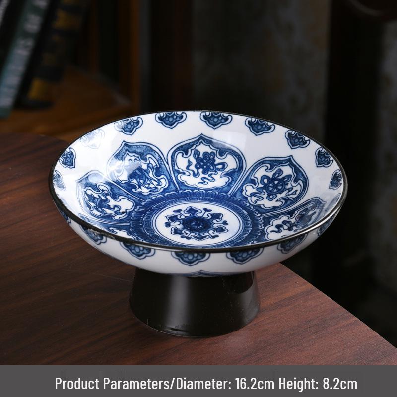 Porcelain Tall-Footed Blue & White Fruit Bowl: Tea Table Plate for Melon Seeds, Pastries, Snacks & Dried Fruits