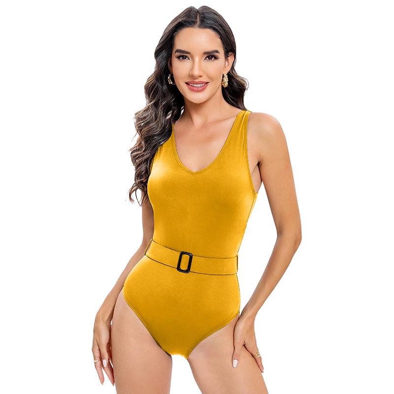 Women's Sexy Solid Color Belted Deep V Tummy Control One-Piece Swimsuit