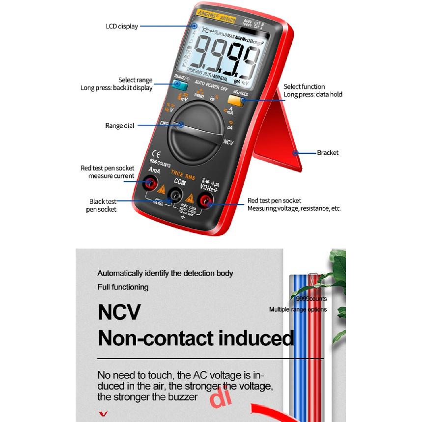 Mini Digital Multimeter ANENG AN8009 True RMS Transistor Tester Auto-Range Automotive Capacitor Tester Temp Diode Tool