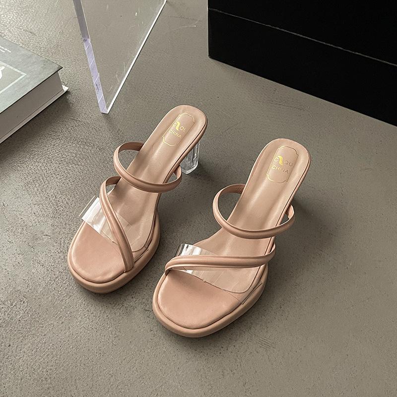 

2025 summer fashion new open-toed crystal cool slippers female transparent one-word belt outer wear with skirt high heels tide 35