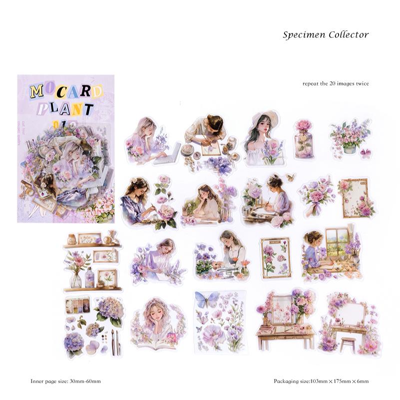 40 Sheets/bag Stickers PET Retro Illustration Girl Plant Character Sticker for Manual Splicing Materials Pack DIY Decoration