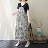 DIMANAF New 2025 Plus Size Summer Dress Loose Women V-Neck Vintage Stripe Casual Short Sleeve Dress Maxi