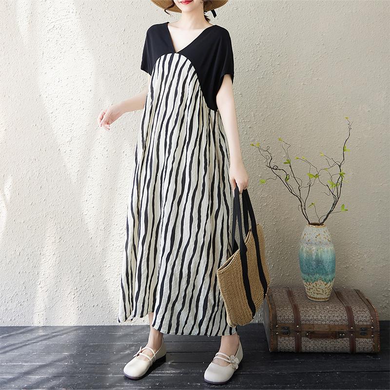 DIMANAF New 2025 Plus Size Summer Dress Loose Women V-Neck Vintage Stripe Casual Short Sleeve Dress Maxi