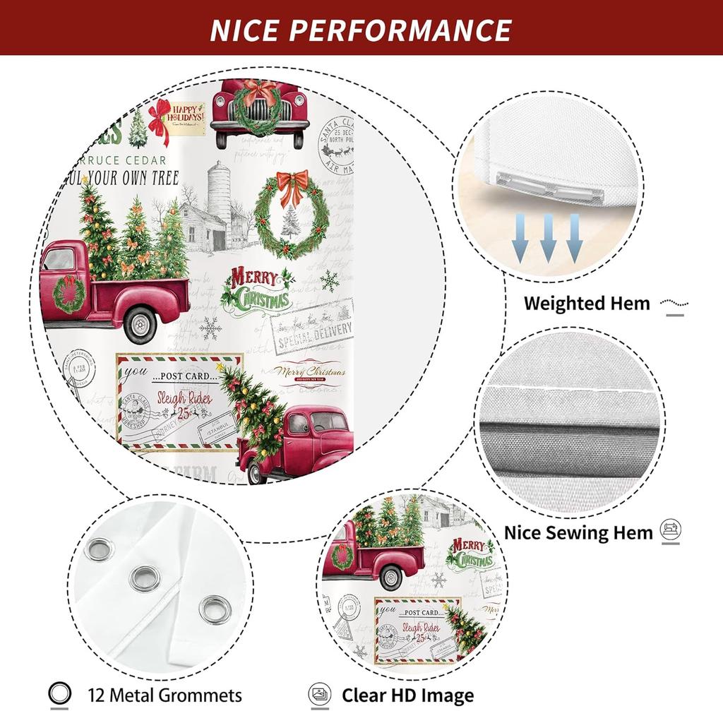 Vintage Christmas Tree Farm Shower Curtain Featuring Red Trucks Wreaths And Holiday Text Artistic Design Water Resistant Materia