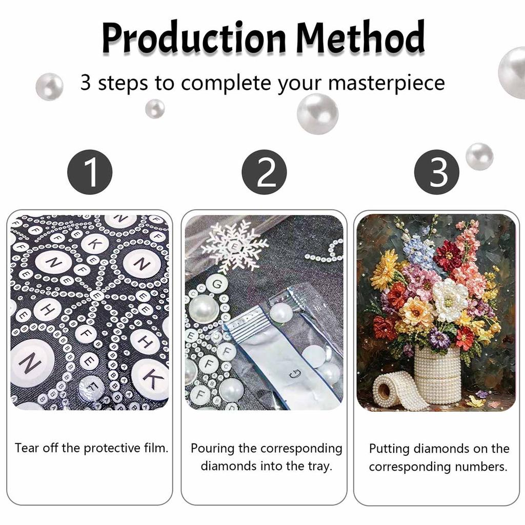 DIY Pearl and Diamond Painting Kit for Adults and Beginners. Sparkling Flower Bouquet Craft Art. Home Wall Decor and Handmade Gifts