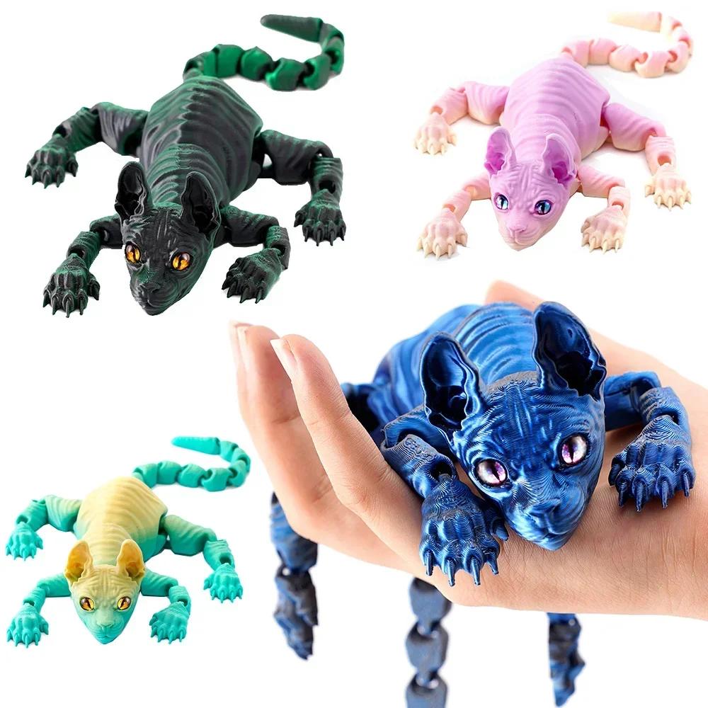 3D Tištěná Kočka Sphynx Zvířata Hračka Realistická Bezsrstá Figurka Kloubová Kočka Fidget Hračka pro Milovníky Koček Sběratel Domácí Dekorace