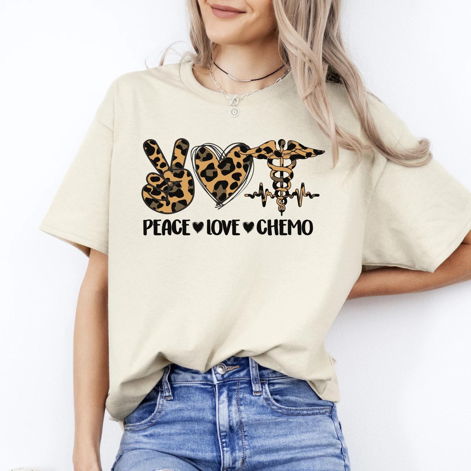 Peace Love Chemo T-Shirt Leopard skin Oncology Chemo nurse squad Unisex Tee Sand 2XL
