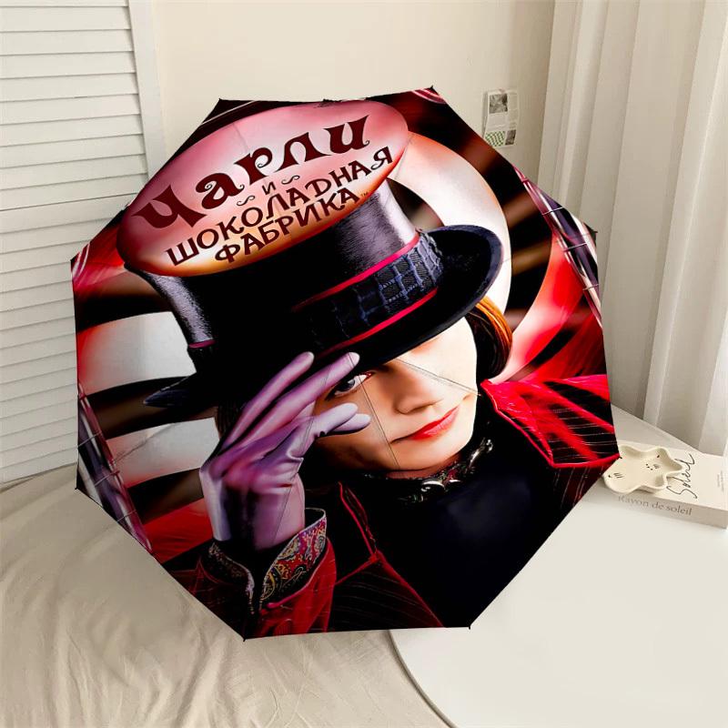 

1pc Charlie Chocolate Factory Automatic Open/Close Umbrella Compact Folding Umbrella with 8-Rib Shaft lightweight esign, for Women/Men1161A