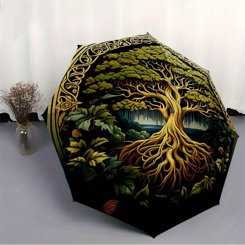 1pc Tree of Life Automatic Folding Umbrella, 8-Rib Sturdy Canopy, Portable Travel Umbrella for Outdoor Use