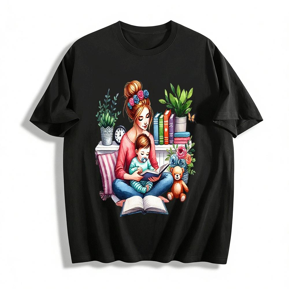 Mommy And Baby Reading Time Graphic Casual Top Pure cotton T-shirt XXS