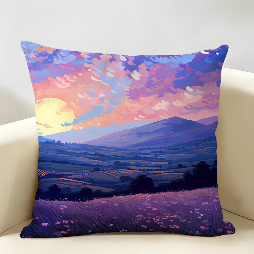 Anime Scenery Design Cushion Cover Natural Linen Organic Fabric DoubleSided Printing Room Sofa Decor Pillow Case