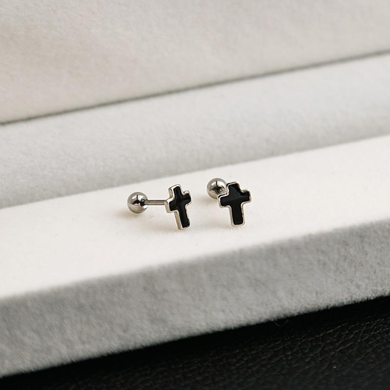 Stainless Steel Geometric Black Series Stud Earrings, Cross Simple Earrings, Love Dripping Oil Personalized Earrings
