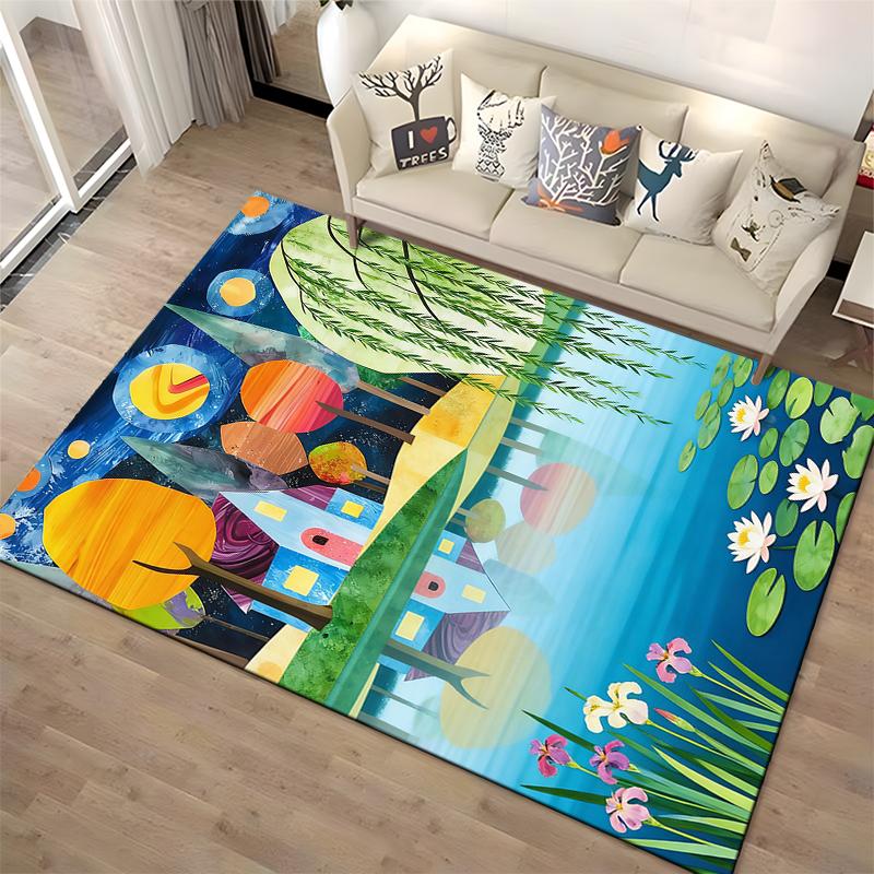 Colorful Artistic Landscape Carpet with House, Trees, and Pond Design Suitable for use as an anti-slip for living room bedroom sofas