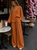 Women's Summer New European and American V-neck Wooden Button Loose Long-sleeve Top, Elastic Waist Wide-leg Pants Two-piece Set
