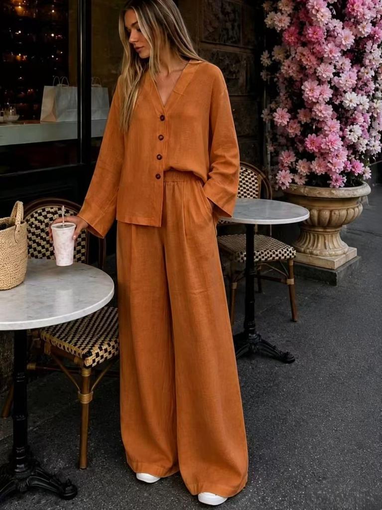 Women's Summer New European and American V-neck Wooden Button Loose Long-sleeve Top, Elastic Waist Wide-leg Pants Two-piece Set