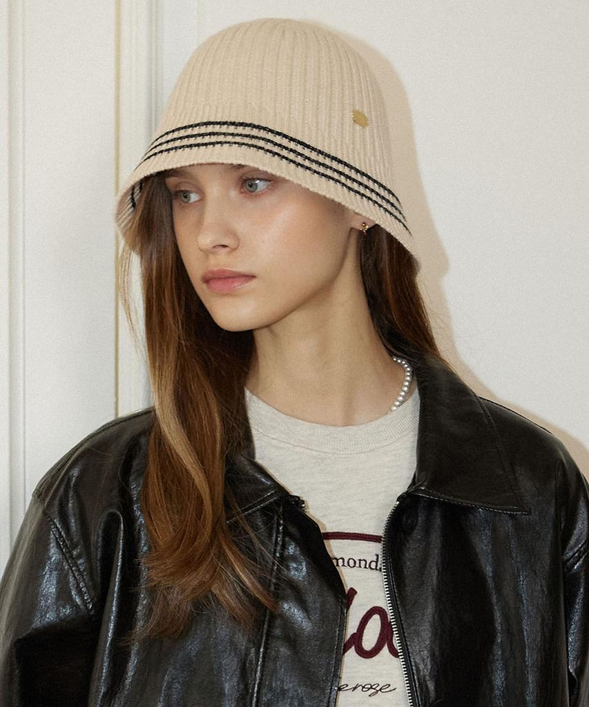 NONLOCAL Three Stripe Knit Bucket Hat - Light Beige