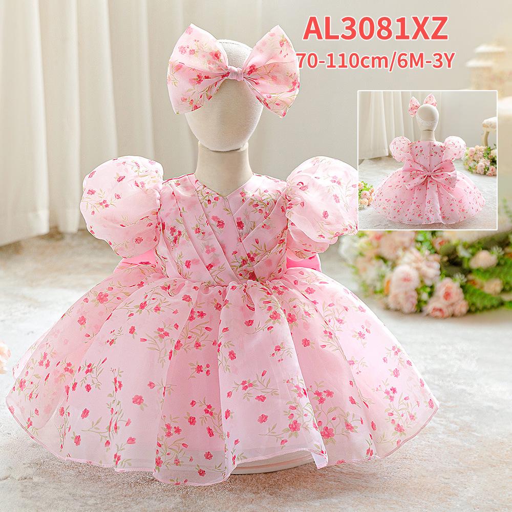 

Платье принцессы с цветочным принтом для годовалой девочки, с рукавами-буфами и сетчатой юбкой для праздничных выступлений 80cm/9-12M