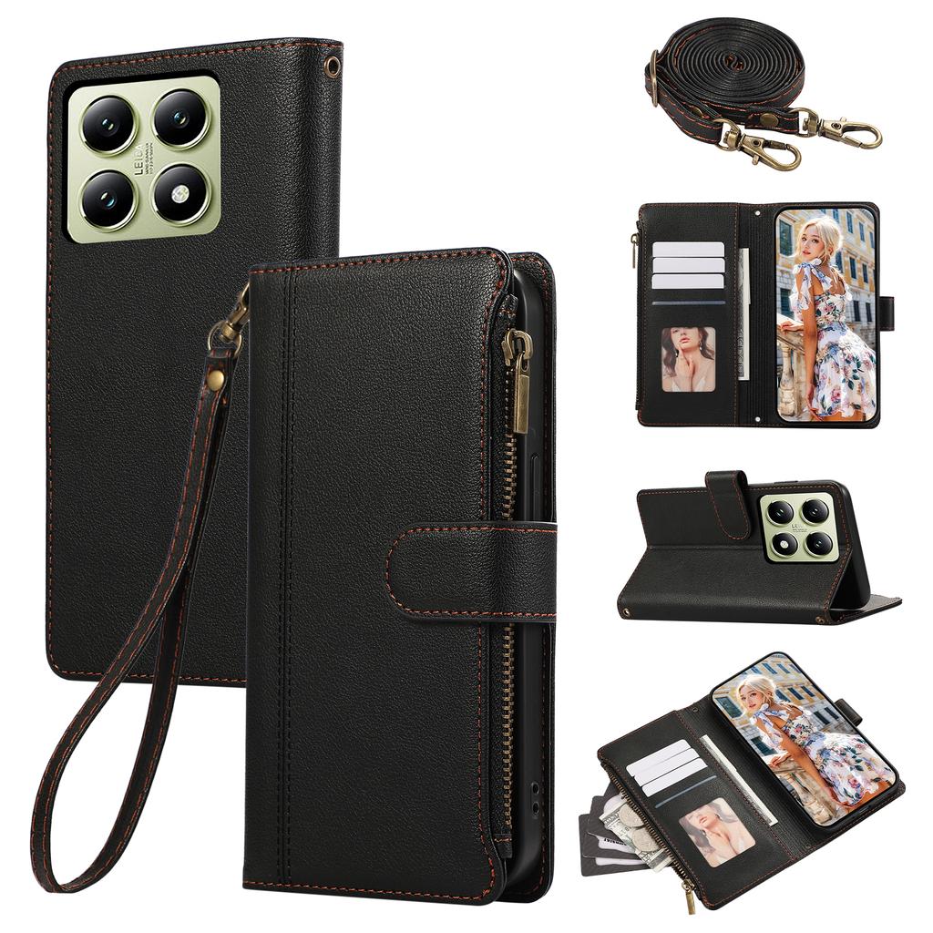 Husă pentru Xiaomi 14T Pro, Piele cu Fermoar, cu Sloturi Multiple pentru Carduri, Acoperire Telefon cu Curea de Umăr/Curea de Mână