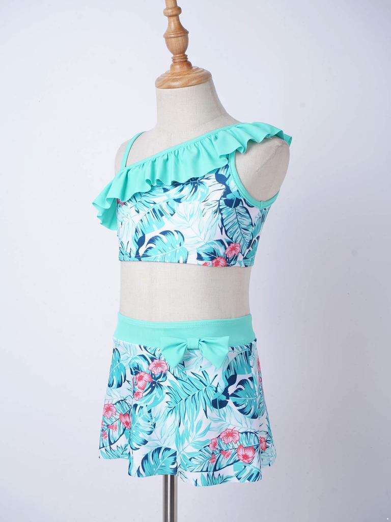 Kids Girls 3 Piece Asymmetric Swim Set Ruffle Trim Floral Print Crop Tops Skirt Briefs Beach Pool Bathing Suit