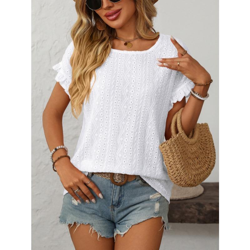 Sweet Short Sleeve Hollow Out Women T-shirt Summer New Solid Color Round Neck Top Casual Loose Sweet Ruffled Office Ladies Shirts Elegant Fashion