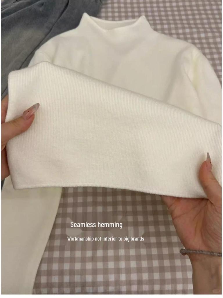 Women's Elegant Korean Style Half High Neck Knitted Sweater, Solid Color Pullover, Long Sleeve, Intellectual and Classy Temperament.