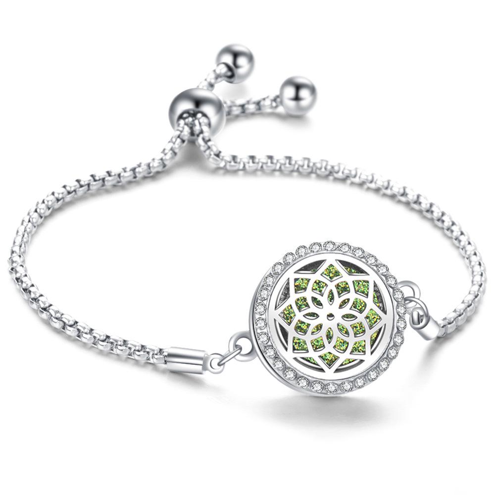 Crystal Rhinestone Aromatherapy Tree of Life Bracelet - Adjustable Titanium Steel with Essential Oil Compartment.