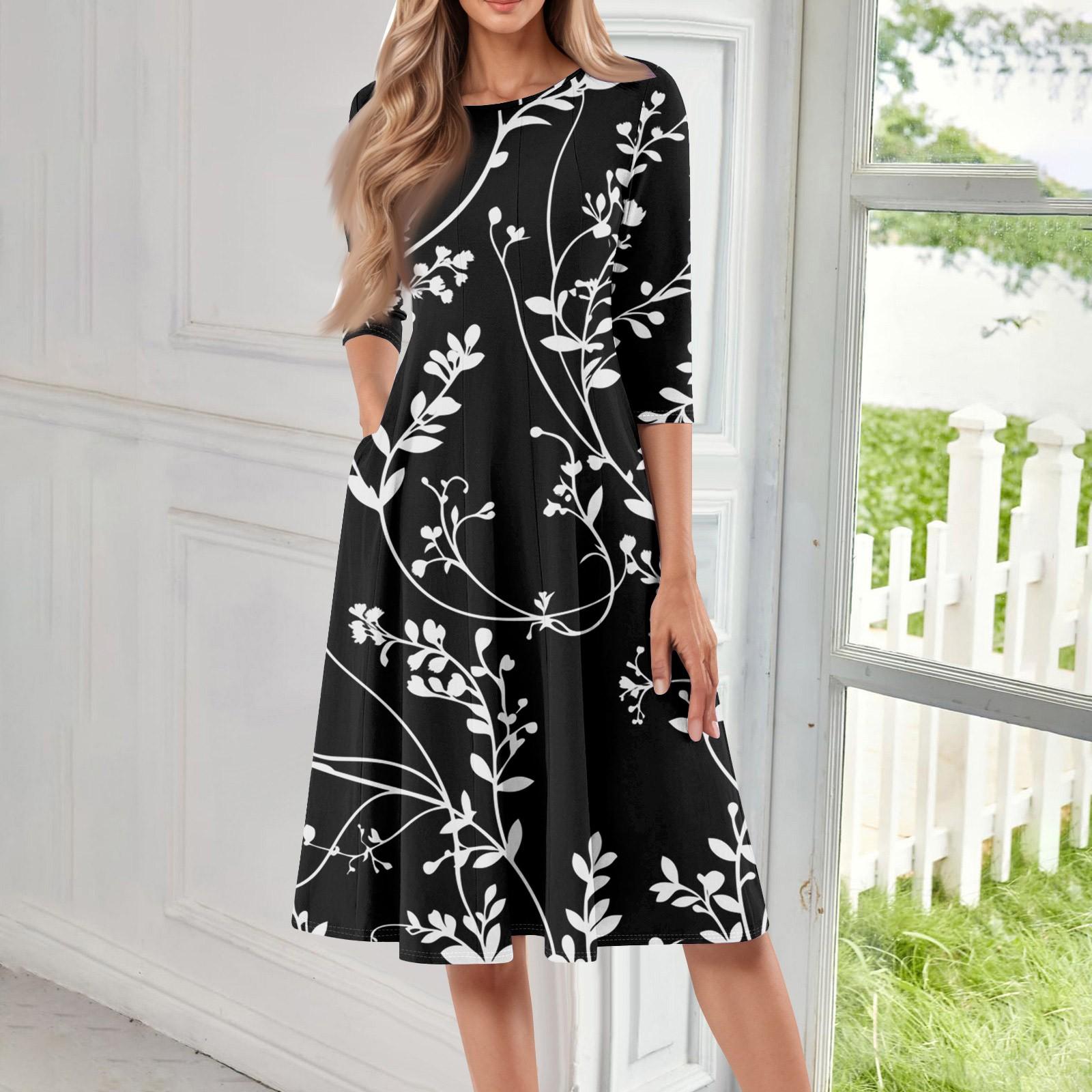 

Женское свободное повседневное и модное платье средней длины с круглым вырезом и рукавами семь четвертей XXL чёрный