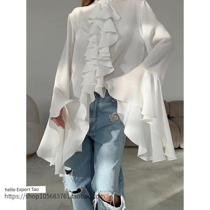 European and American New Chiffon Design round Neck Bell Sleeve Frill Shirts Lotus Leaf Lace Shirt