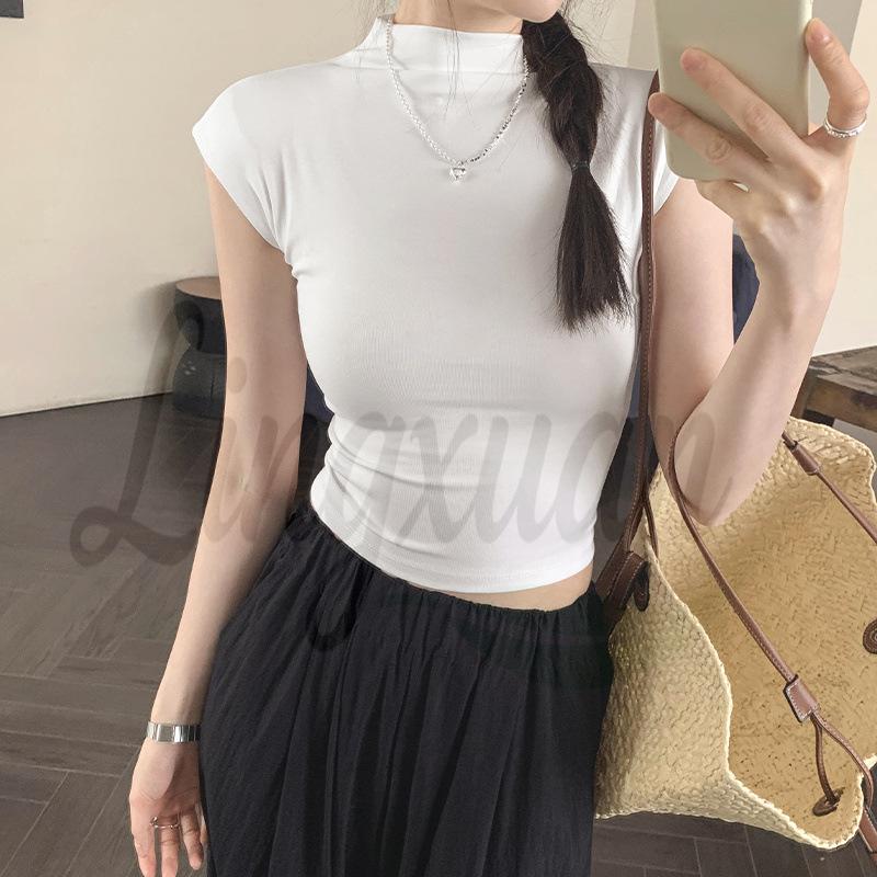 Women's Slim-Fit Open-Back T-Shirt: Summer Sleeveless, Half-High Collar, Hot Girl Style