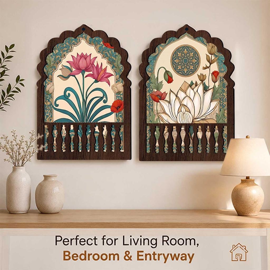 Jharokha Wall Decor Set of 2 | Traditional Indian Jharokha with Lotus & Floral Artwork | Rajasthani Ethnic Decorative Wall Hanging