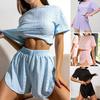 Summer 2 Piece Pajamas Set for Women Eyelet Short Sleeve Crop Top And Slit Shorts Set Casual Lounge Sleepwear Set