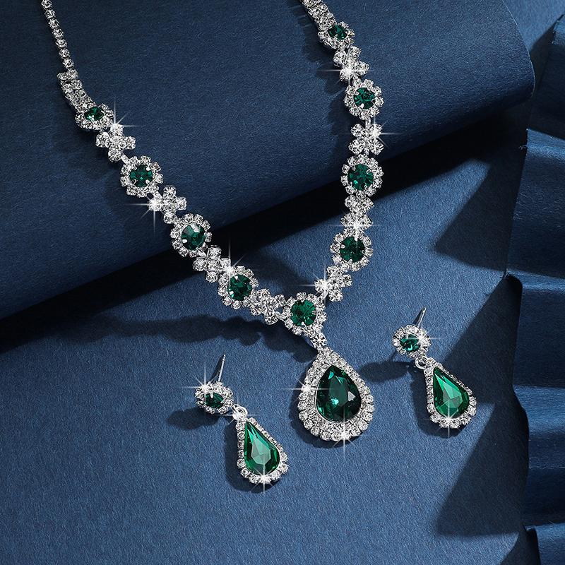Green Water Drop Jewelry Set Exquisite Rhinestone Pendant Party Women Fashion Necklace Earring Set Prom Wedding Accessories