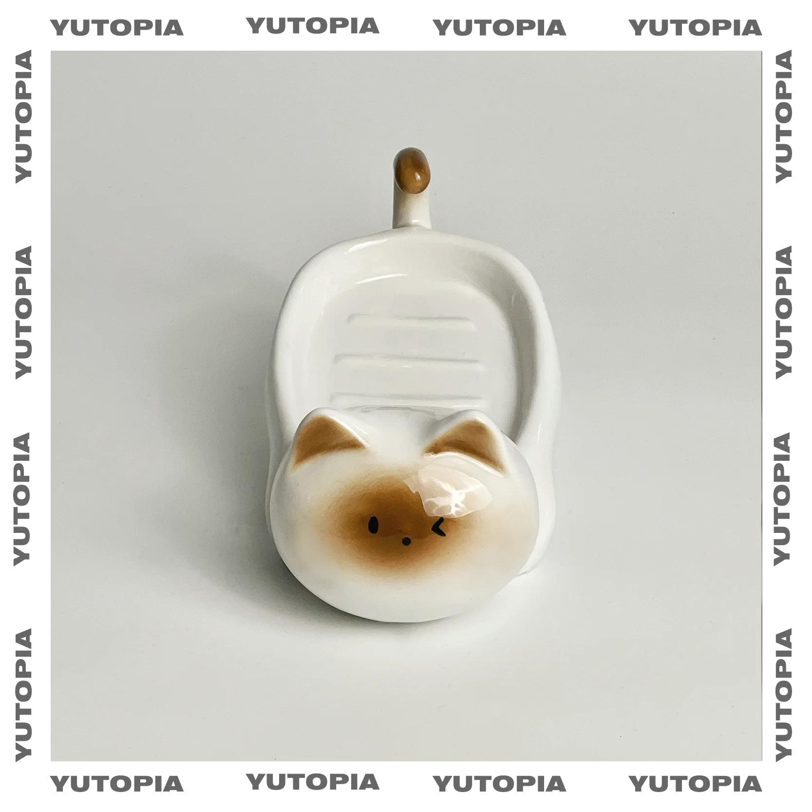 Керамическая мыльница Сиамская кошка, Простота, Бытовая креативная, Милый мультяшный, Без сверления, Маленькая художественная дренажная тарелка