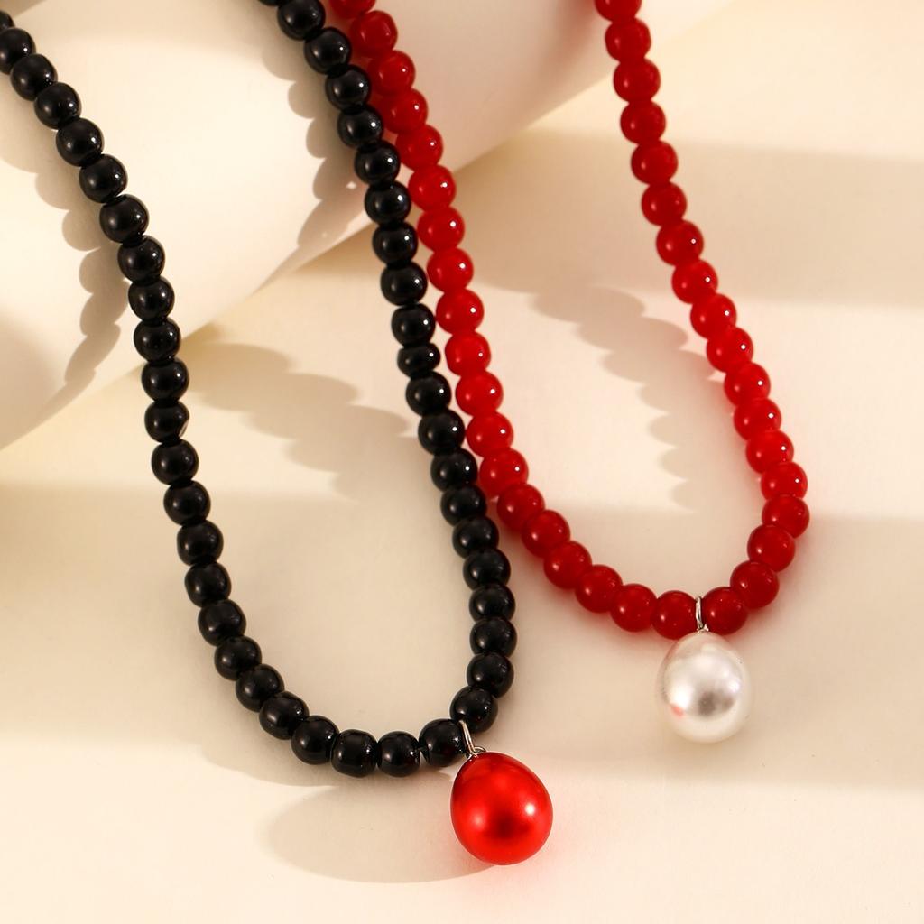 Red Beaded Choker Necklace Teardrop Pearl Pendant Necklace Elegant Short Necklace for Women