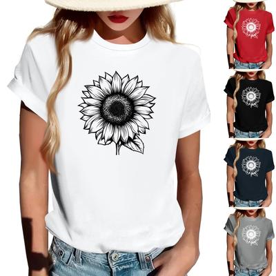 Women's Fashionable Round Neck Casual Retro Print Short Sleeved T-shirt Top