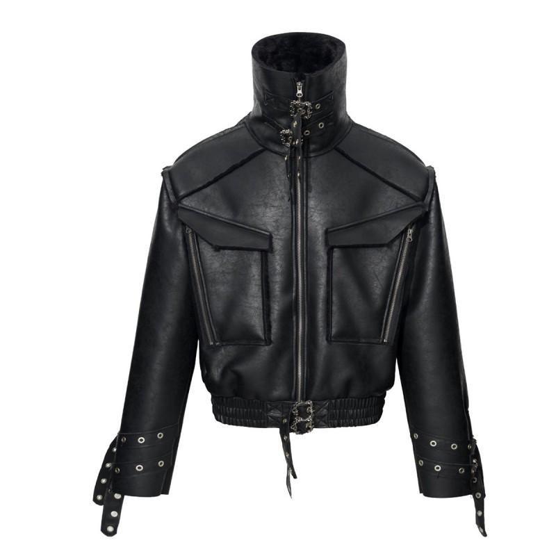 Mens PU Leather Bomber Jacket Vintage Streetwear Loose Fit Winter Thick Cotton Coat